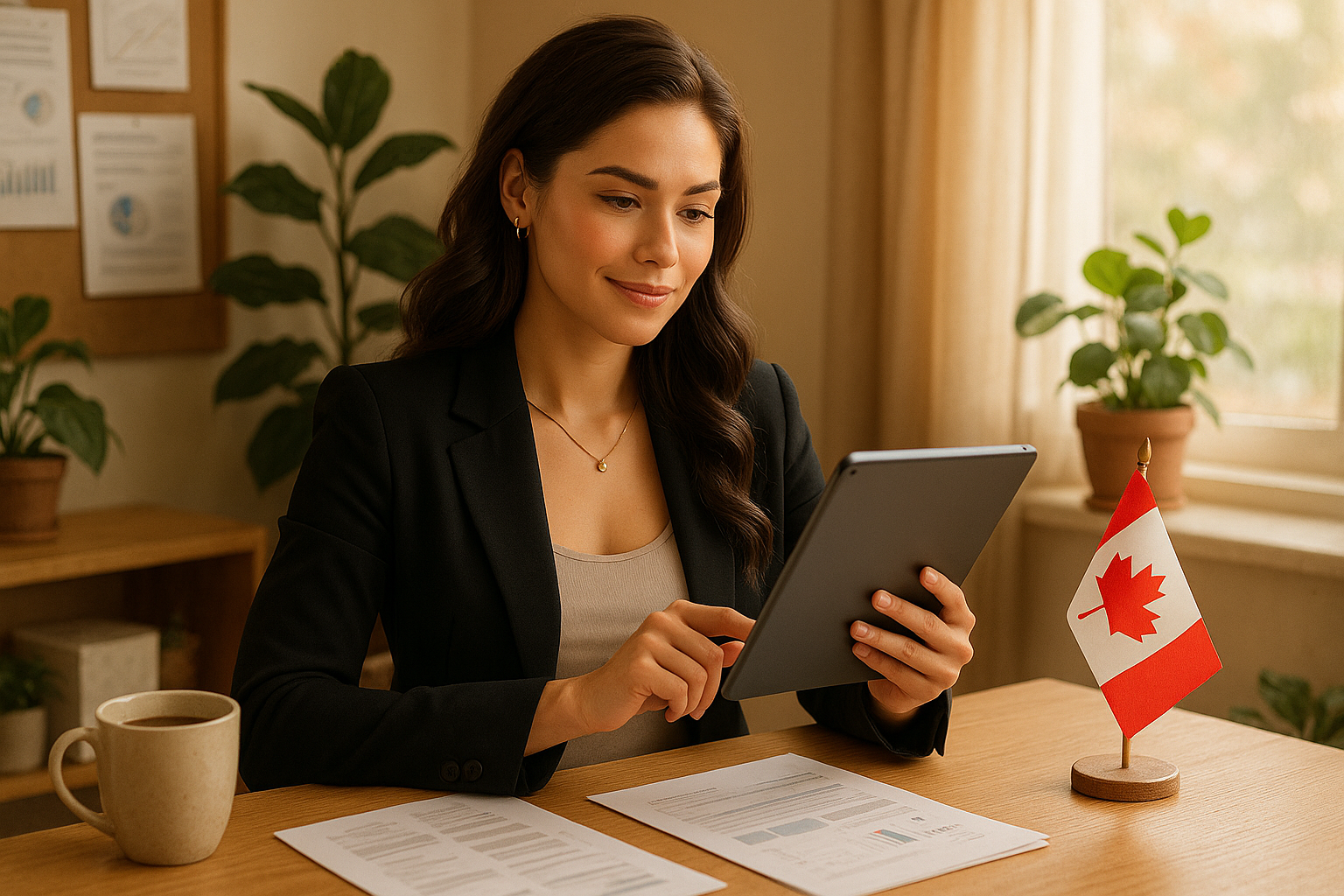 Confident woman reviewing credit score in Canada